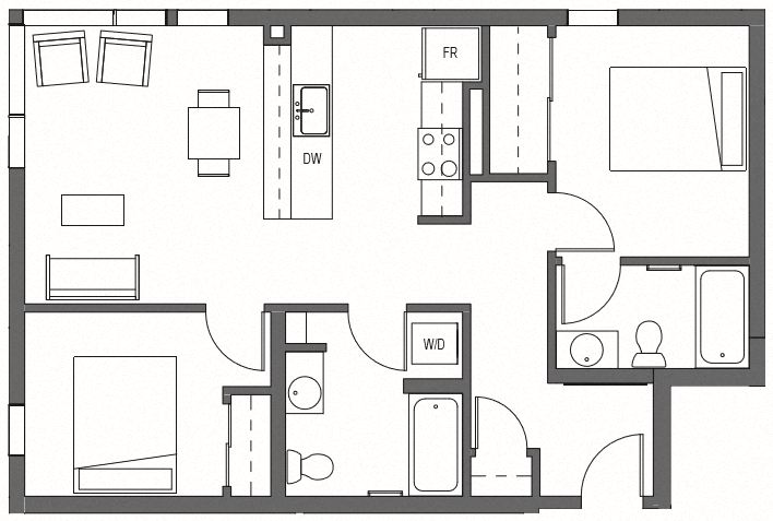 Floor plan for 2 beds, 2 baths, 855 sqft